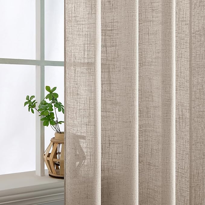 MIULEE Natural Linen Curtains 54 Inch Length 2 Panels for Bedroom Living Room, Soft Linen Textured Window Drapes Semi Sheer Light Filtering Back Tab Rod Pocket Farmhouse Modern Burlap Look Decor