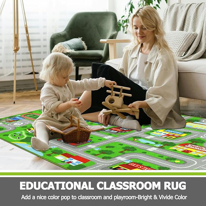 Capslpad Green Car Road Kid Rug Carpet Playmat for Playoom Traffic Road Kids Play Mat for Toddler Non Slip Washable City Map Race Track Carpet Rug for Kids Room Bedroom Nursery Room Decor,5.2'x3.3'