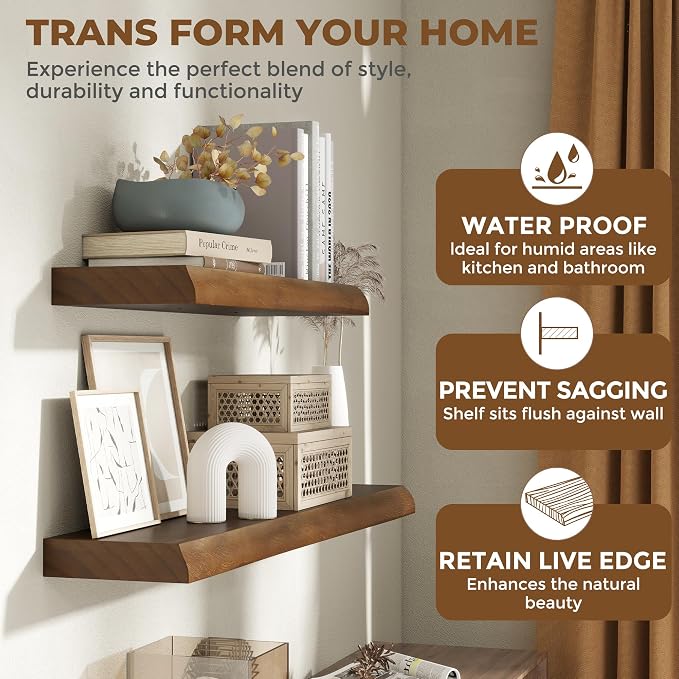 RICHFOCUS Live Edge Wood Floating Shelves for Wall 24" Natural Solid Wood Wall Mounted Shelf|8 Inch Deep Wooden Floating Shelves with Invisible Bracket for Bathroom Kitchen Room|2Pcs, Walnut