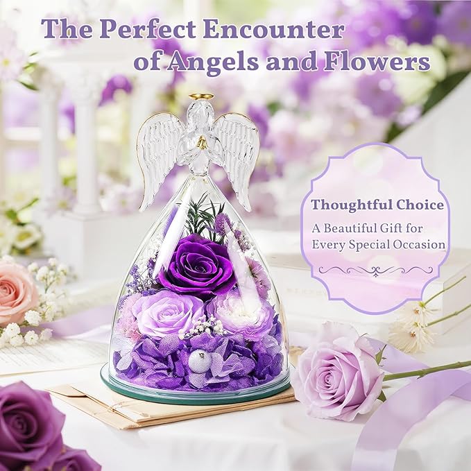 TranquilBliss Gifts for Mom, Flowers for Mother’s Day, Preserved Rose in Glass Dome with Light, Angel Figurines for Her Birthday, Valentine’s Day for Wife, Grandma, Women - Purple