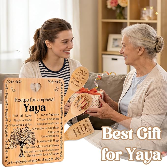 Yaya Gifts - "Recipe for a Special Yaya" Yaya Gifts for Grandma Cutting Board Set, Bamboo-Made Engraved Utensil Set Gifts for Yaya Cutting Board, Mothers Day Gifts for Yaya