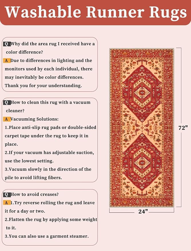 SERISSA Boho Washable Runner Rug, 2x6 Rug Runner Non-Slip Vintage Red Hallway Kitchen Runner Rug Ultra Soft Print Distressed Floor Carpet Runner for Bedroom Bathroom Laundry Living Room