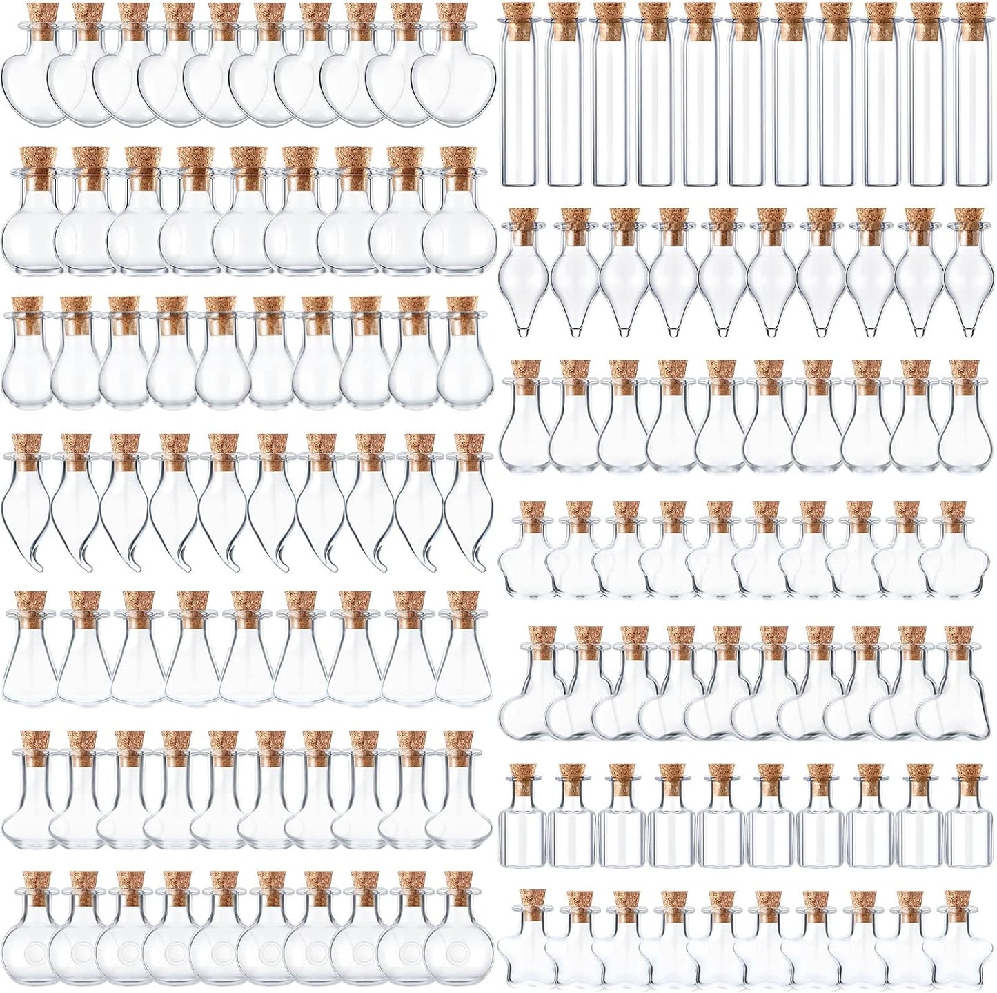 140 Pcs Mini Glass Bottles with Cork Stoppers Tiny Wishing Potion Bottles, 14 Shapes, Small Spell Apothecary Jar Vials Witchcraft Drifting Jar for Wedding Halloween Party Arts DIY Crafts