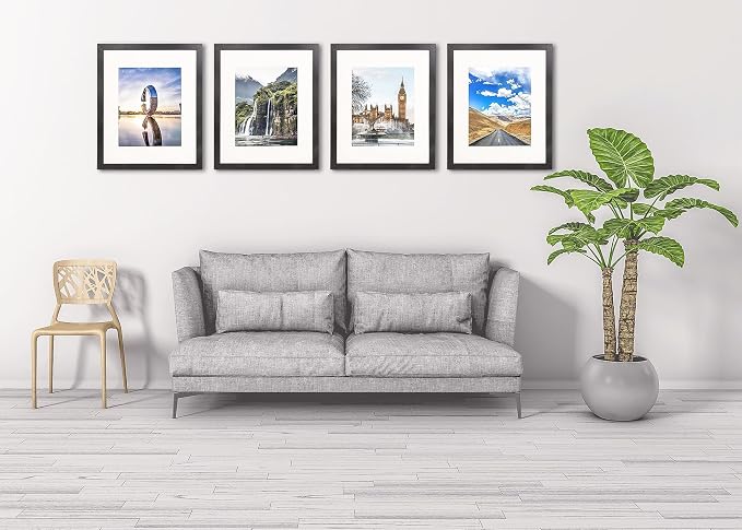 The Display Guys - Black Wooden Minimalist Picture Frames Set - Tempered Glass - 20x24 matted to 16x20 - Wall Hanging - 4-Pack