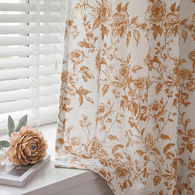 StangH Modern Farmhouse Brown Floral Curtains for Parlor, Chocolate Brown Peony Patterned Texture Drapes, Floor to Ceiling Breathable Airy Window Treatments, W52 x L96, 2 Panels