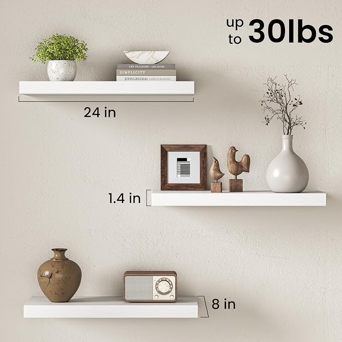 Floating Shelves for Wall, 24 Inch Floating Shelves Set of 2, Wall Mounted Rustic Wood Shelf for Bathroom, Living Room, Bedroom and Kitchen, Hanging Shelf for Storage, Books, Home Decor, White