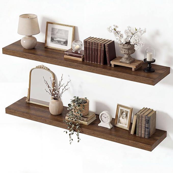 Vivelove Wall Floating Shelves for Display with Invisible Brackets, 36 Inch Floating Shelves for Bedroom Bathroom Living Room Kitchen Office, 36”X 8" X 1.4", Set of 2 - Walnut