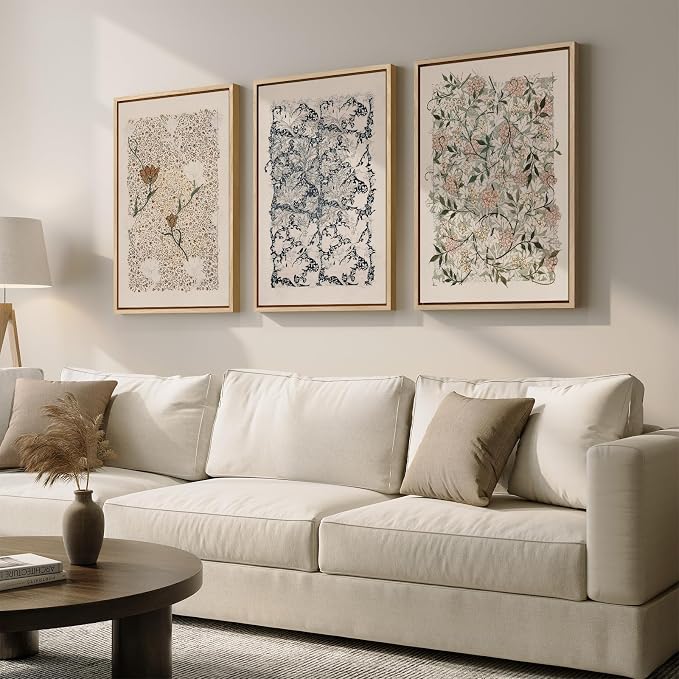 Framed Large William Morris Canvas Wall Art Set of 3, Vintage Nature Floral Artwork Prints, Boho Neutral Botanical Wall Decor for Living Room, Bedroom, Hallway and Office, Total Size 30x60
