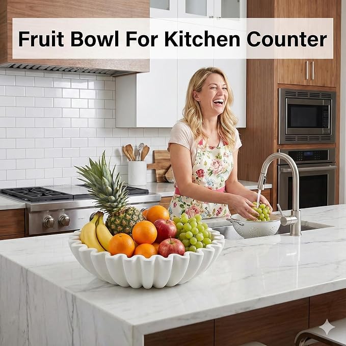 10 Inch Scalloped Ruffle Hand Poured Concrete Decorative Fruit Bowl Beige | Solid concrete wabi sabi centerpiece bowl for kitchen counter, entryway key storage & coffee table decor