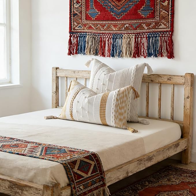 DEZENE Boho Pillow Cover 18x18 Beige - Handmade Woven Textured Throw Pillow Case with Cordings & Tassels, Decorative Accent for Couch Sofa Bed Farmhouse Living Room Bedroom Home Decor