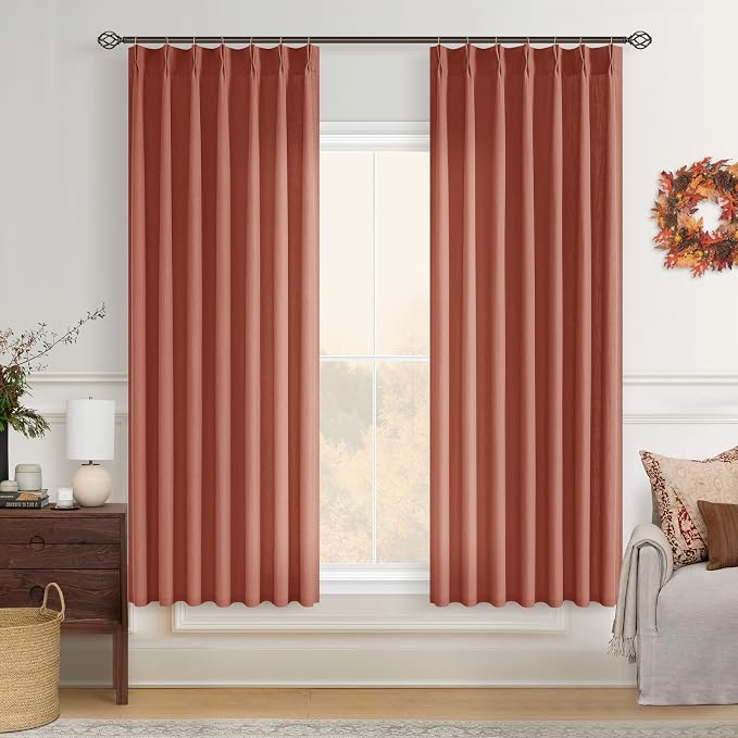 Terracotta Pinch Pleated Linen Curtains 63 Inch Length 2 Panels Set for Bedroom Dining Room Kitchen Semi Sheer Linen Boho Retro Farmhouse Small Window Curtains 63 Inches Long Burnt Orange Autumn Fall