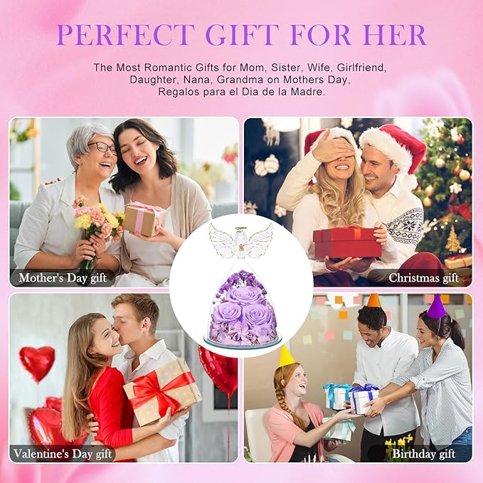 Flowers for Delivery Birthday Gifts for Women Gifts for Mom Grandma Mothers Day Fresh Preserved Flowers Forever Real Roses in Glass Angel Figurines Anniversary Present for Wife Her Friends Daughter