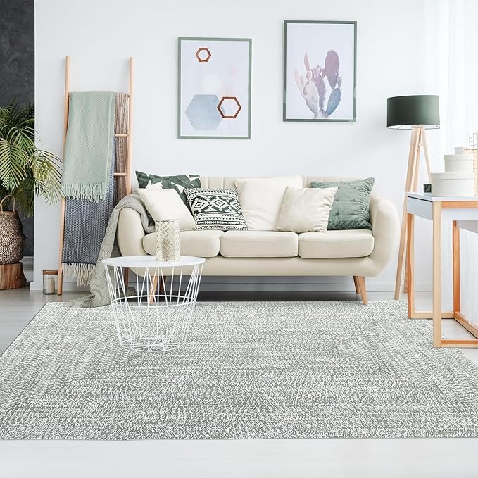 Superior Large Indoor/Outdoor Area Rug, Multi-Tone Reversible Braided Floor Decor for Patio, Front Porch, Entryway, Living Room, Office, Nursery, Artistic Home, 4' x 6', Fog Green-White