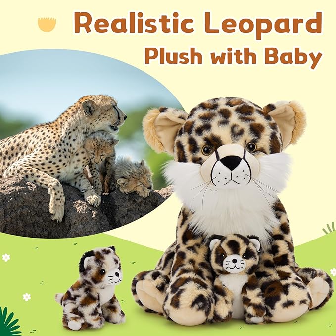 MorisMos 5Pcs Cheetah Stuffed Animal, 14 Inch Cheetah Mommy with 4 Baby, Soft Stuffed Leopard Plush Gifts for Kids, Boys, Girls, Toddler