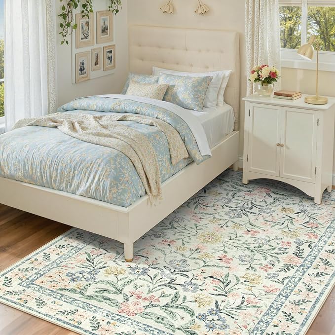 Wonnitar Boho Floral Washable Rugs 5x7, Soft Area Rugs for Bedroom, Ultra-Thin Non Slip Beige Area Carpets, Flower Print Decor Carpet for Living Room Nursery Dining Room Office