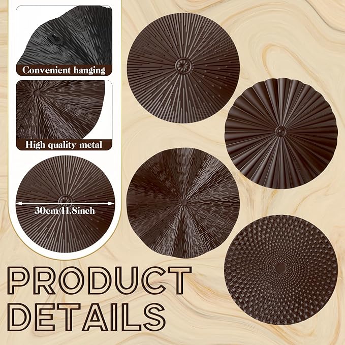 Hicarer 4 Pcs 12 Inch Metal Wall Art Decor Sunburst Hanging Metal Artwork Decor Wall Art Decorations for Home Living Room Office Gift for Christmas(Brown)