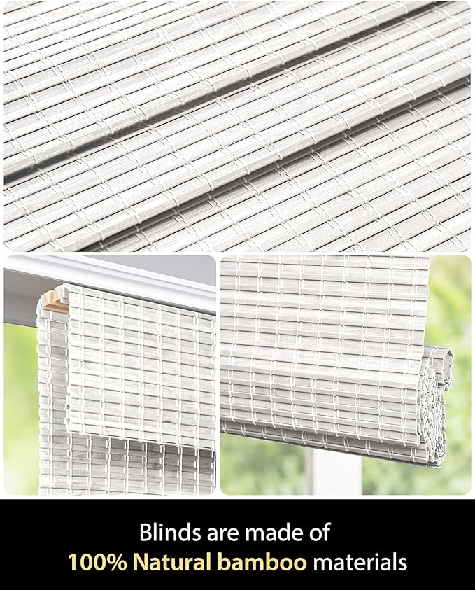 UNISHADES Cordless Bamboo Roman Shades, 27.5×64 in, Alpine Ivory | Wide Bamboo Strip Weaving Technique, High light-blocking capacity, High Level of Privacy Protection