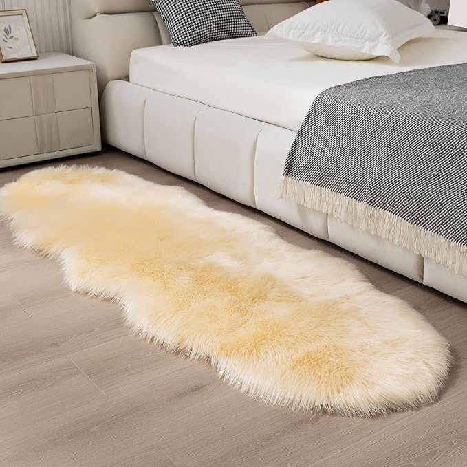 Faux Fur Sheepskin Runner Rug Beige 2x6 ft Ultra Soft Shaggy Plush Fluffy Fuzzy Area Carpet Decorative Chair Cover Floor Mat for Bedroom Sofa Living Room Bedside