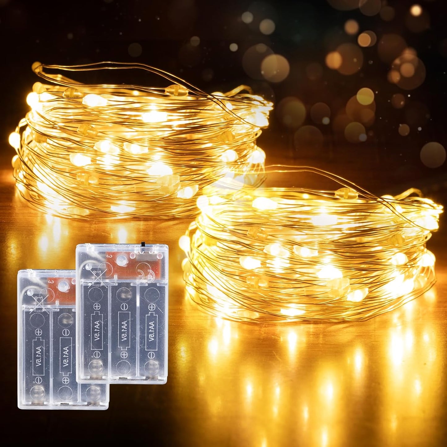 Fairy Lights Battery Operated String Lights 16.4ft 50LED Flashing and Constant Light Waterproof Silver Wire for Christmas DIY Party Bedroom Wedding (Warm White, 2 Pack)
