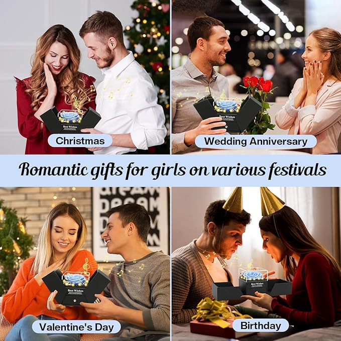 Pasuvsigt Valentines Day Rose Gifts for Her, Preserved Real Rose with I Love You Heart 100-Language Necklace, LED Lights & Music Box, Anniversary Birthday Valentines Gifts for Women Girlfriend Mom