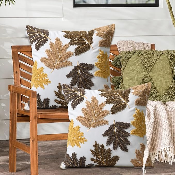 Set of 2 Embroidered Decorative Throw Pillow Covers Couch Square Pillowcases Cushion for Bedroom Sofa Farmhouse Decor 18x18 Inch (Yellow Maple Leaf)