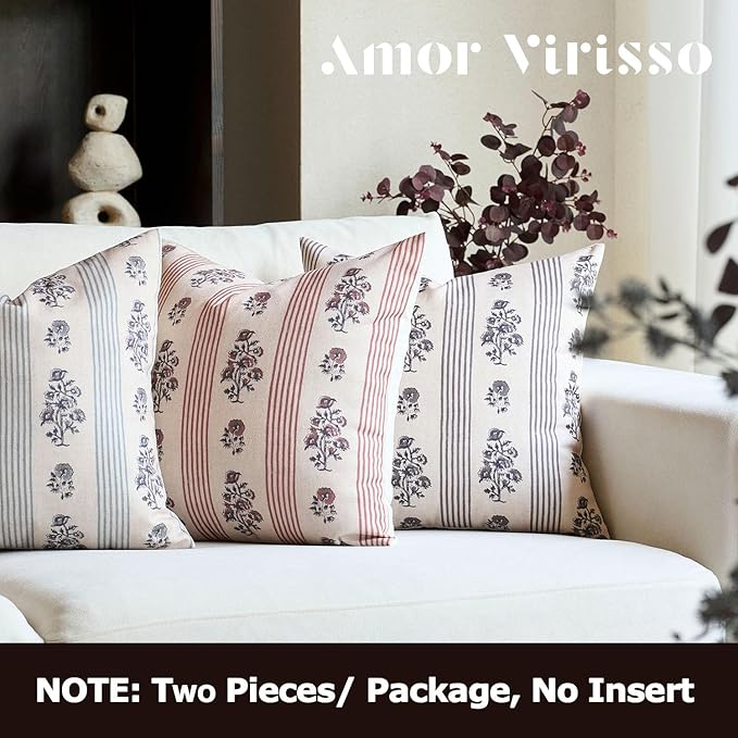 Amor Virisso Floral Throw Pillow Covers 24x24 Set of 2 Block Print Pillow Covers Neutral Floral Striped Farmhouse Decorative Pillow Covers for Sofa Couch Bed, Light Taupe