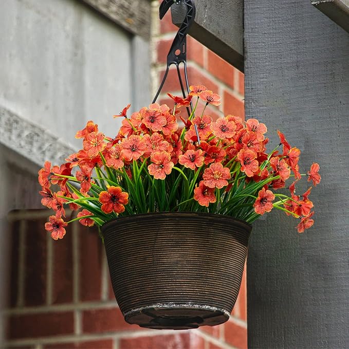 LikSoor 21 Bundles Artificial Outdoor UV Resistant Flowers No Fade Fake Outside Flowers Plastic Greenery Faux Shrubs Garden Porch Window Box Home Decoration (Orange)