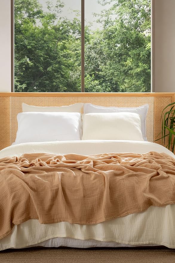 Muslin Blanket - Pure 100% Turkish Cotton Airy Soft Light Versatile Gauze Throw Blanket for Bed, Couch, Sofa (Natural, Queen XL Size (95" x 95" inch))