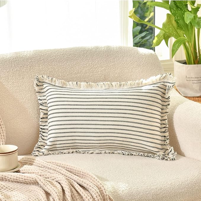 ZWJD Throw Pillow Covers 12x20 Set of 2 Striped Pillow Covers with Fringe Chic Cotton Decorative Pillows Square Cushion Covers for Sofa Couch Bed Living Room Farmhouse Decor, (Black)