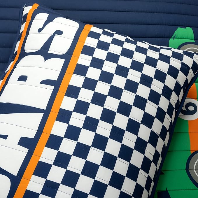 Lush Decor Racing Cars Reversible Quilt Twin Size 4 Piece Set Navy - Toddler Bedding Set Twin Quilt - Car Decor