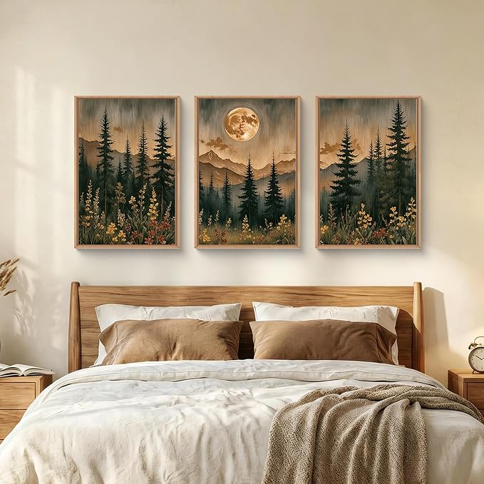 HOURIA Vintage Boho Nature Moonlight Forest Mountain Framed Canvas Wall Art Set,Wilderness Dark Moon Woodland Floral Decor,Retro Wildflower Field Landscape Artwork for Living Room,Farmhouse-24 x36 x3