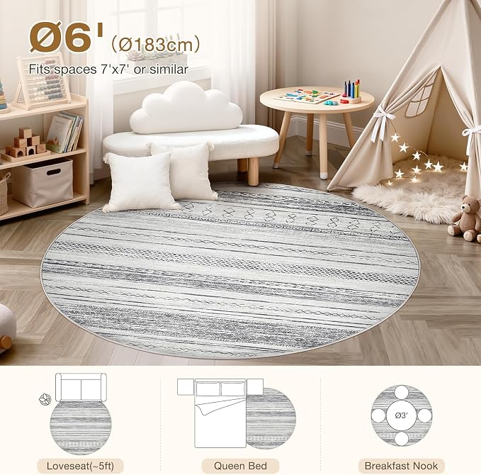 Tortania 6' Round Area Rug Living Room Rugs - Washable Large Soft Neutral Boho Moroccan Bohemian Farmhouse Rug Indoor Floor Carpet for Bedroom Under Dining Table Home Office Decor - Grey