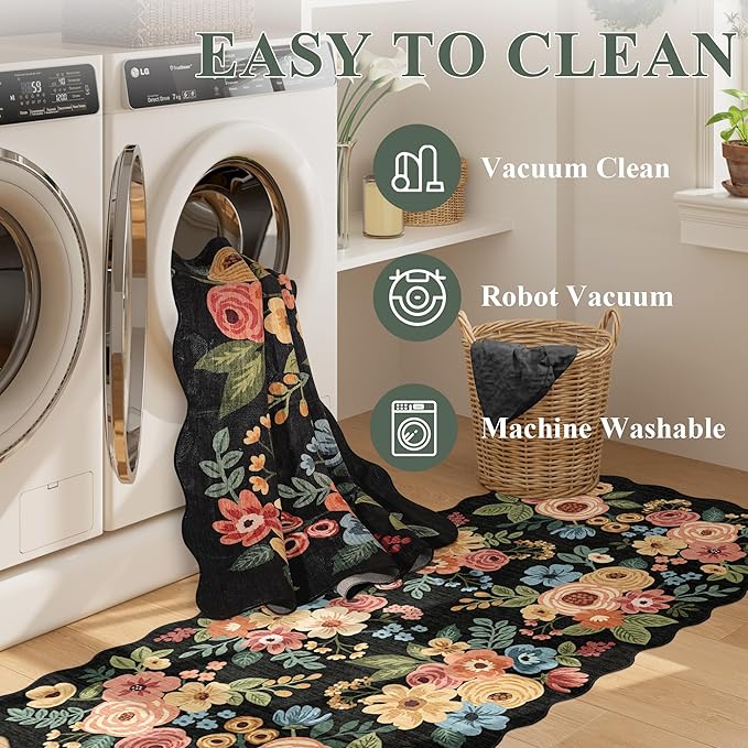 DUKINO 2x3 Entryway Rug, Floral Washable Indoor Door Mat with Non-Slip Backing, Soft Low Pile Small Front Door Throw Rugs for Entryway, Kitchen, Bedroom, Laundry, Bathroom,Black