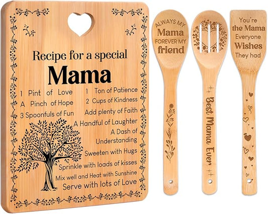 Mama Gifts - "Recipe for a Special Mama" Mama Gifts for Women Cutting Board Set, Bamboo-Made Engraved Utensil Set Gifts for Mama Cutting Board, Mothers Day Gifts for Mama.