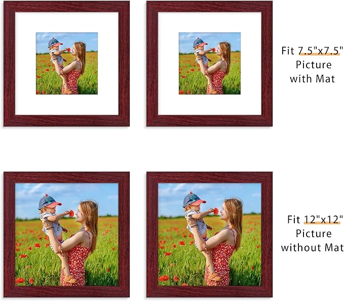 Picrit 12x12 Picture Frame Set of 12, Display 8x8 with Mat or 12 x 12 without Mat, Photo Frames for Wall Mounting Display, Dark Red Wood