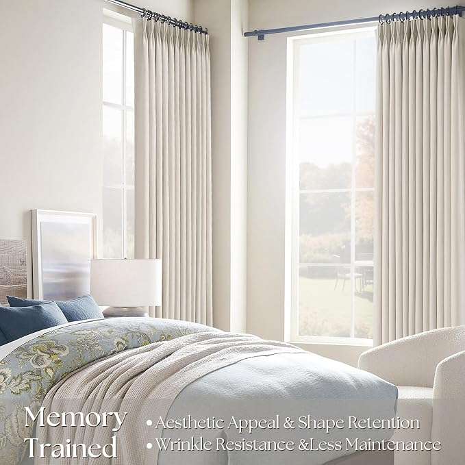 72 Inch Linen Curtains 2 Panel Set for Living Room Natural Beige Pinch Pleat Curtain Memory Trained with Hook FarmhouseRustic Canvas Textured Light Filtering Track System Pleated Drapes 72 Long