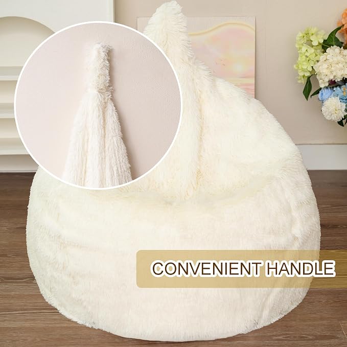 BCU Bean Bag Chair Cover Ultra Soft Fluffy Faux Fur Beanbag Cover Plush Living Room Chairs Cover for Adults and Kids, White
