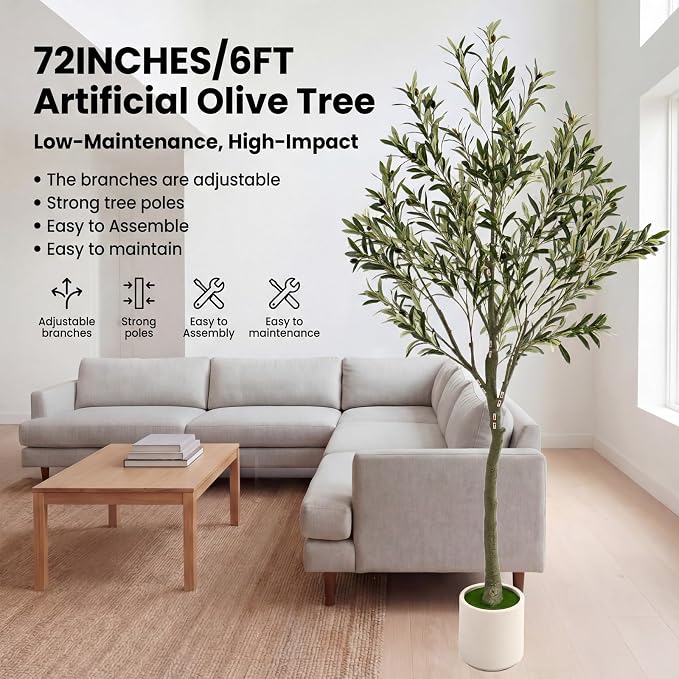 6ft Fake Olive Tree Artificial Indoor,Faux Olive Tree with Pot,Large Olive Branches and Lifelike Fruits,for Home Office House Living Room Decor.