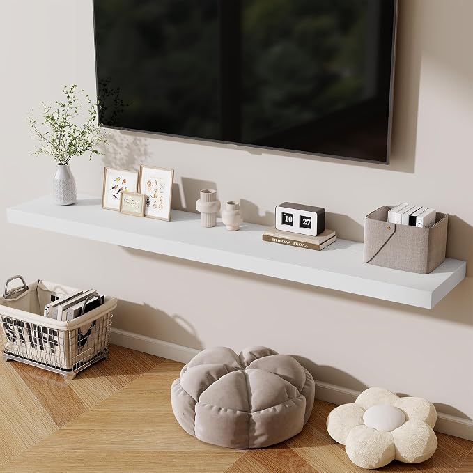 Fun Memories 72 Inch Fireplace Mantel Shelf, 12 Inch Deep Shelves for Display & Wall Storage, Rustic Wood Wall Shelf, Extra Long Floating Shelves for Living Room Laundry Room, White, Set of 2