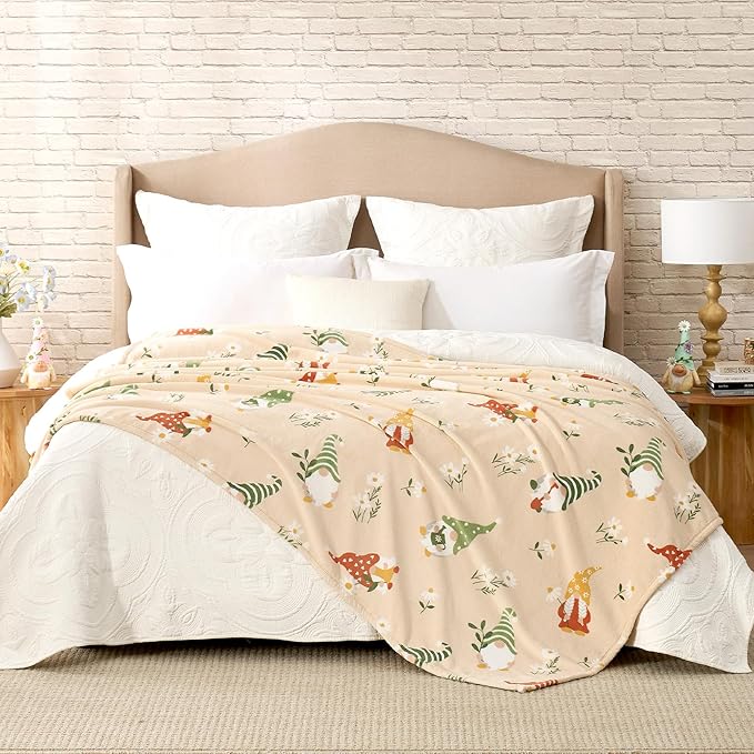 Cozy Bliss Gnome Spring Throw Blanket - Garden Daisy Floral Design, Warm MilkyPlush Throw Blankets, Ultra Soft Cozy Blankets for Couch, Sofa and Bed, Beige, 60X80inches