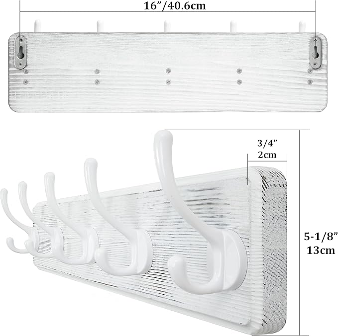 WEBI Coat Rack Wall Mount,Coat Hooks Wall Mounted,16" Hole to Hole,Large Coat Hanger Wall Hook Rack,5 Hooks for Hanging Coats,Hats,Jacket,Clothes,White