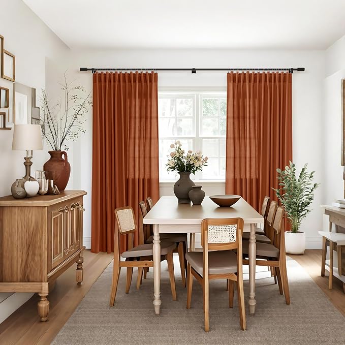 Jowels Terracotta Linen Curtains 108 Inch Long 2 Panels for Living Room | Burnt Orange Light Filtering Semi Sheer Curtain,Back Tab Pocket Pleated Look,Boho Textured Privacy Drapes for Bedroom Window
