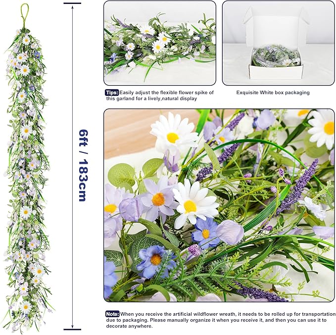 2PCS 6ft Spring/Summer Daisy Garland with Flowers, Faux Daisy and Lavender Flower Garland Artificial with Floral Lanvender for Baby Shower Wedding Mantle Fireplace Table Centerpiece Decor