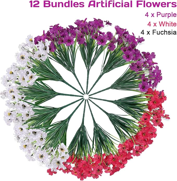 Geegoods Artificial Mums Flowers for Outdoors, 12 Bundles UV Resistant Fake Plastic Colorful Mix Flowers for Patio Porch Spring Summer Decor