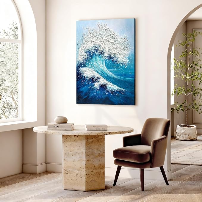 Large Abstract Blue Ocean Wave Wall Art, 3D Textured Vertical Oil Painting | 24x36 In Hand-Painted Canvas Textured Ocean Waves Wall Decor for Living Room Bedroom Office, Minimalist Coastal Artwork