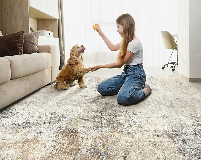 UERMEI 9x12 Area Rug Living Room Rugs - Washable Neutral Modern Abstract Soft Thin Large Rug Indoor Floor No Slip Rug Carpet for Bedroom Under Dining Table Home Office Decor - Golden Grey