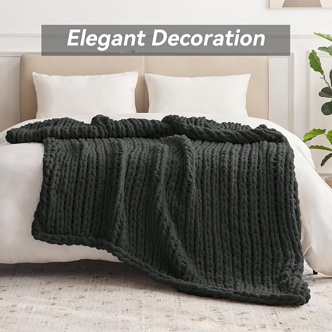 Negwoo Chunky Knit Throw Blanket, 60''*80'' Knitted Throw Chenille Yarn for Bed Couch, Handmade Dark Grey Crochet Big Thick Blanket, Machine Washable Cute Comfy Blanket for Home Decor