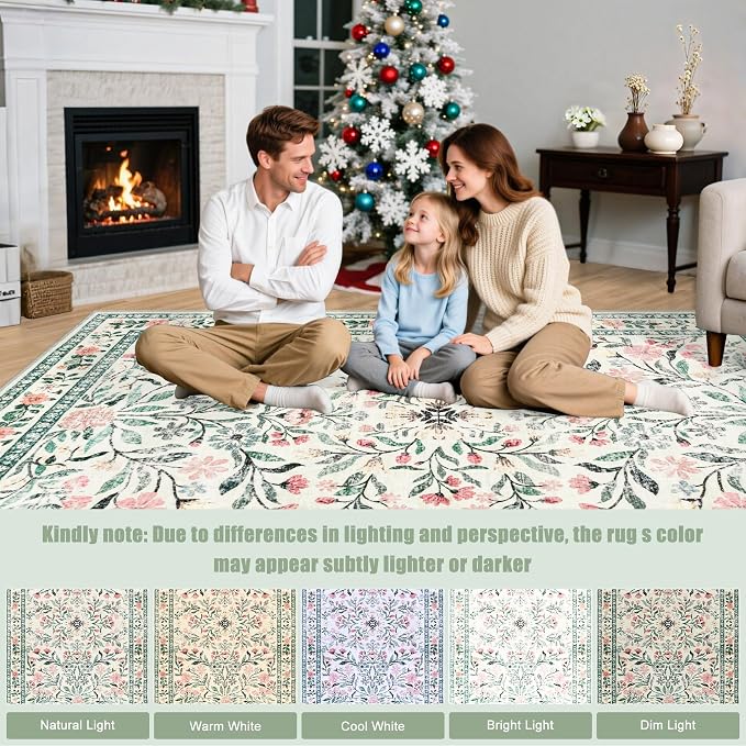 Runner Rug for Entryway: 2.6x10 Kitchen Rugs Non Slip Washable Ultra-Thin Soft Floral Carpet Indoor Floor Stain Resistant Carpets for Hallway Bedroom Kitchen Laundry Bathroom Dorm Green/Beige