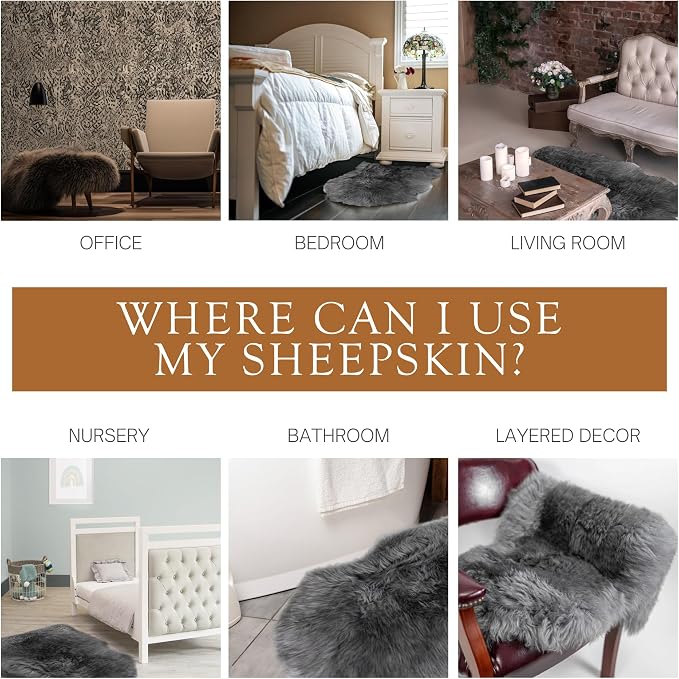 Sunshine Cowhides Sheepskin Rug - 100% Genuine Sheepskin Chair Throw Cover & Area Rugs for Living Room, Bedroom, Office Floor & Bathroom, Premium Decor for Aesthetic Living (Gray)