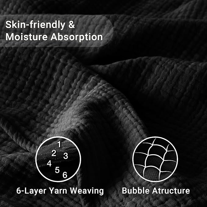 100% Cotton Muslin Blanket Twin 66" x 90", 6 Layers Breathable and Lightweight Cotton Blankets for Couch, Soft Cooling Summer Gauze Blanket for Adults All Season, Black